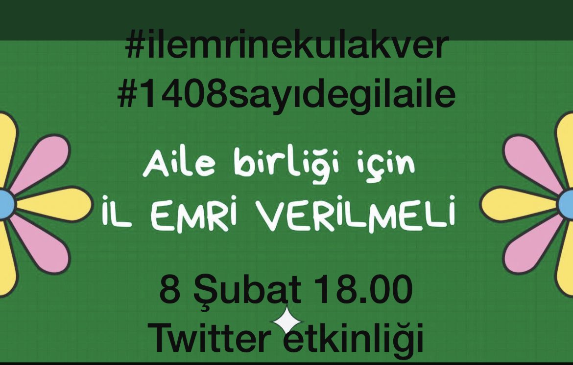 #ilemrinekulakver #1408sayıdegilaile ..
Anayasal hakkımızı istiyoruz ailemize kavuşmak istiyoruz İL EMRİ verilsin aileler birleşsin artık duyun sesimizi uzaktan aile olunmuyor <a href="/_aliyalcin_/">Ali YALÇIN</a> <a href="/oguzozat/">Oğuz ÖZAT</a> <a href="/RTErdogan/">Recep Tayyip Erdoğan</a> <a href="/tcmeb/">Millî Eğitim Bakanlığı</a> <a href="/TalipGeylan06/">Talip Geylan</a> <a href="/ImranliEbs/">EBS İmranlı</a> <a href="/AtakumEbs/">EBS Atakum</a> <a href="/KirkagacEbs/">EBS Kırkağaç</a> <a href="/ebskadin/">Eğitim-Bir-Sen Kadın Komisyonu</a>