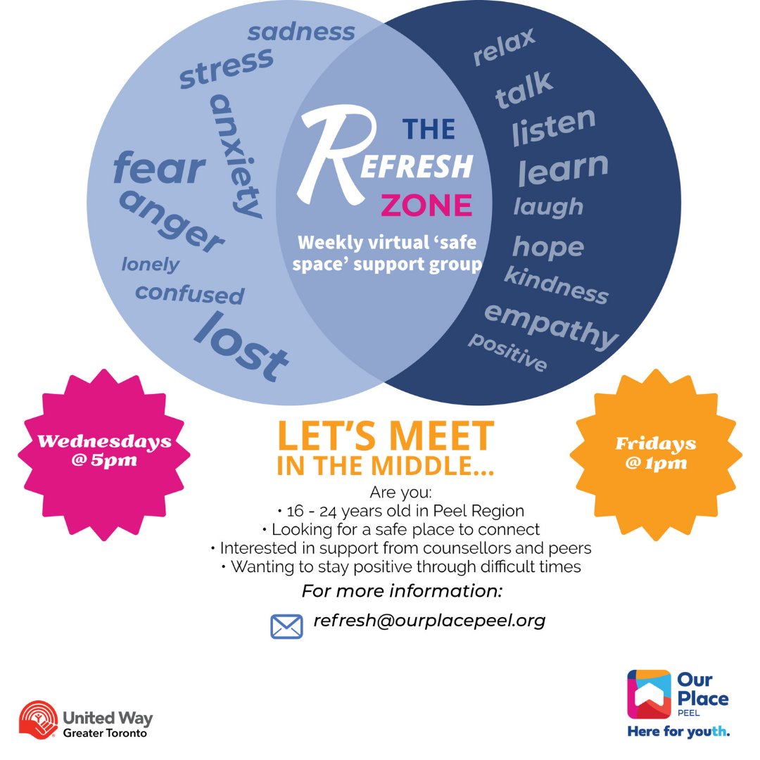 OurPlacePeel's tweet photo. Join Refresh Zone, where youth in Peel come together in a safe space to discuss their current issues & concerns. Reach out if you would like to join our support group!
✉️ : refresh@ourplacepeel.org
#refreshzone #peersupport #safespaceforyouth https://t.co/Z0Uy0dXr0Z