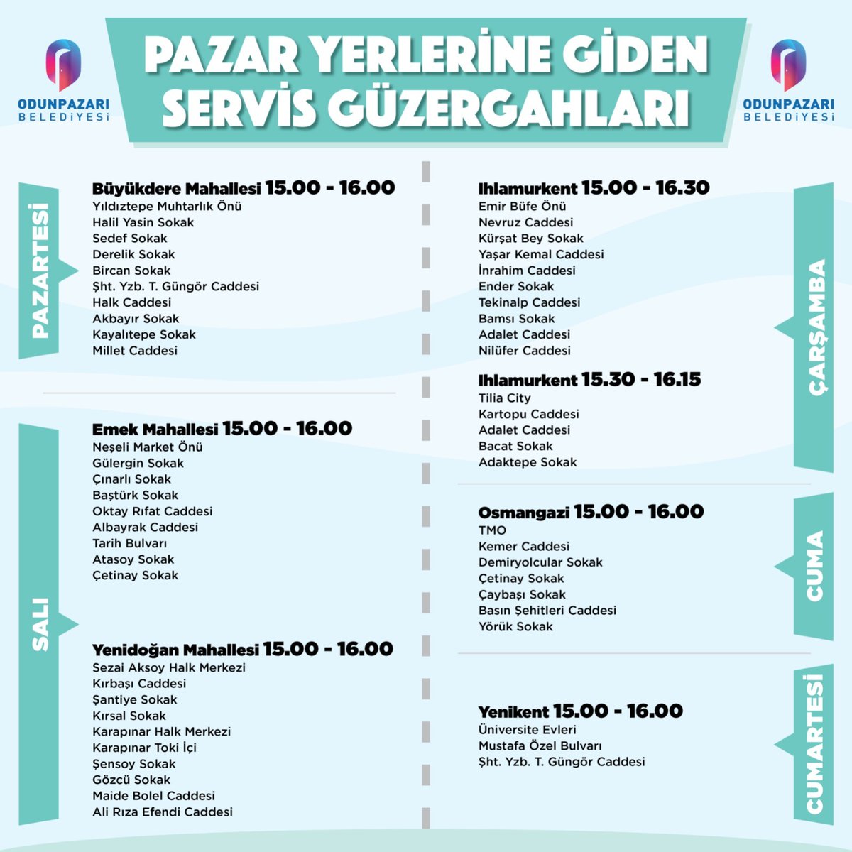 Hemşehrilerimizden gelen talepler doğrultusunda, 'pazar yerlerine ücretsiz servis' uygulamamızdaki durak ve gün sayısını artırdık.

Mahallelerden pazar yerlerine ring hattı olarak hizmet veren otobüslerin gün ve saatleri şöyle: