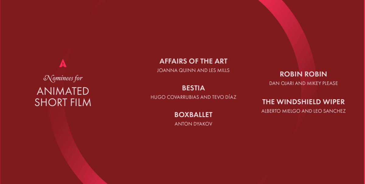XpressCinema's tweet photo. Here are the nominees for Best Animated Short Film
#AffairsOfTheArt #RobinRobin #Bestia #BoxBallet #TheWindshieldWiper
#Oscars2022 #OscarNoms #Oscars https://t.co/yfDGBsgTpA