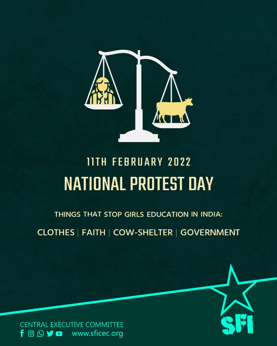 SFI_CEC's tweet photo. Stand against the continuous harassment of Muslim girls by the ABVP goons and the Karnataka Government. 

Observe national protest day on February 11th demanding equal opportunities for girls, against the discontinuation of NSIGSE Scholarship and rising communal hate in campuses https://t.co/zDEKNC3NEv