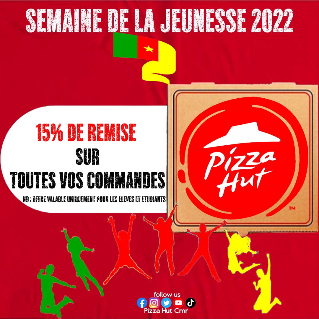 pizzahutcmr's tweet photo. Pizza Hut Cmr soutient la jeunesse✨😊
Rendez-vous dans tous nos restaurants pour profiter de cette remise exceptionnelle.

#PizzaFunk
#PizzaYouth
#ForTheLoveOfPizza🍕✨
#PizzaHutCmr https://t.co/86nJXULknU
