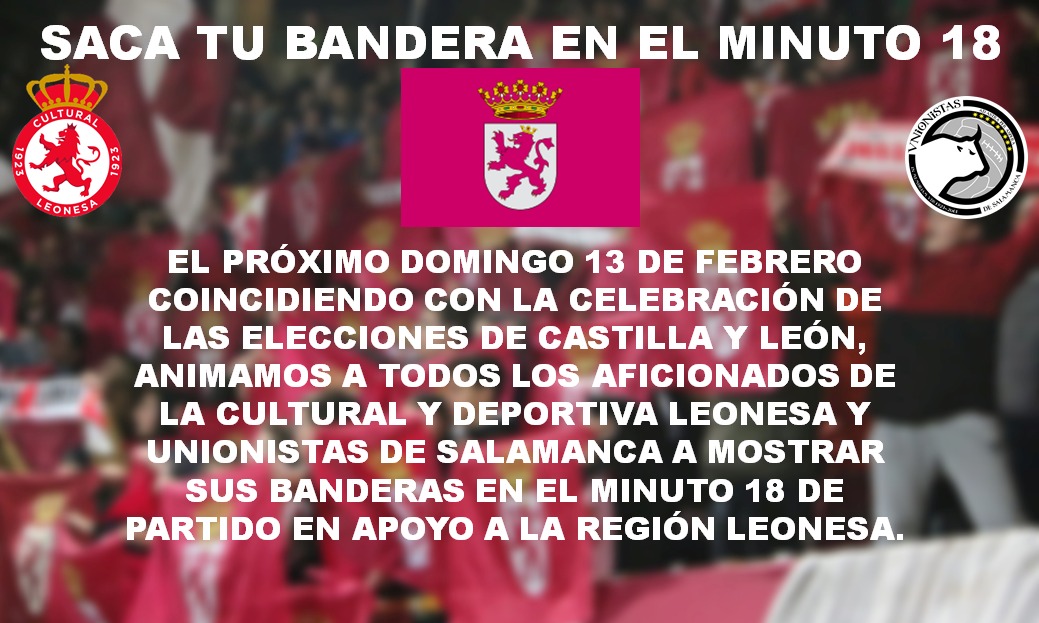 Aprovechando que el derbi leonés coincide con las elecciones autonómicas.

Invitamos a todos los aficionados de la <a href="/CyDLeonesa/">Cultural y Deportiva Leonesa</a> y de <a href="/UnionistasCF/">Unionistas de Salamanca CF</a>  a lucir las banderas de nuestra tierra como protesta por la situación que vive la Región.

#LoVamosAConseguir #PorLaRegionLeonesa