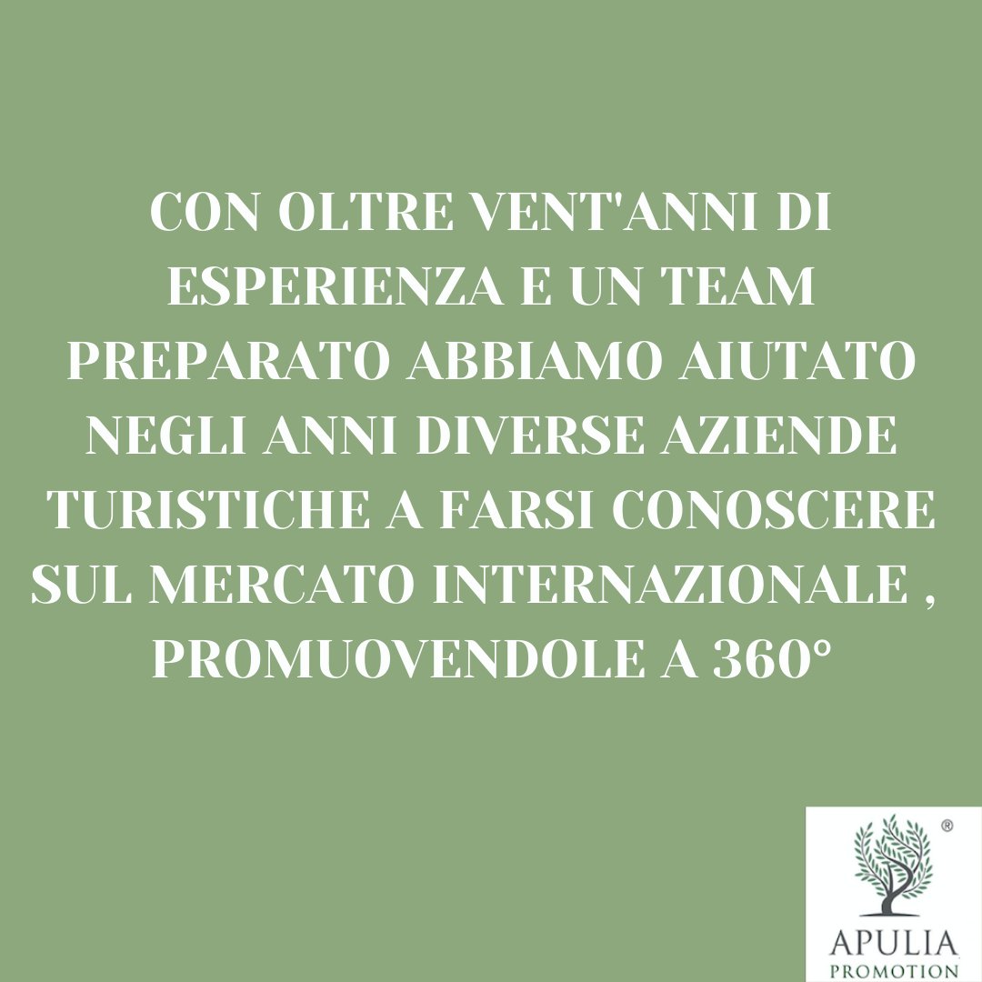 ApuliaPromotion's tweet image. Vuoi promuovere la tua attività turistica o avviarne una?🛎
Da oltre vent'anni aiutiamo i nostri clienti a ottimizzare le proprie performance e a farsi conoscere sul mercato internazionale. 📈
Contattaci adesso! apuliapromotion.com
#startuppuglia #apuliapromotion #puglia