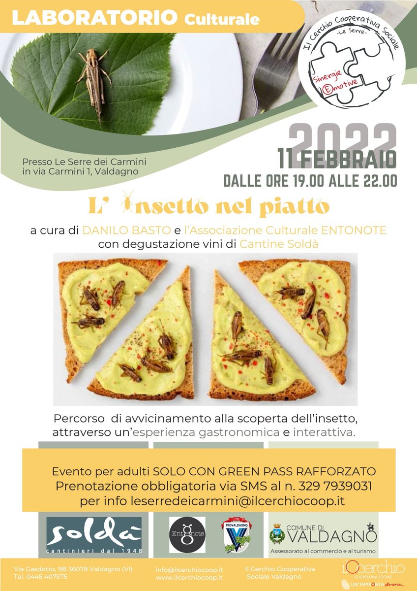 Danilo_Basto's tweet photo. 🦗 Finalmente ci siamo! Arriva a Valdagno il primo appuntamento con #Entonote.

☝️ Un percorso di avvicinamento alla scoperta dell’insetto nel piatto attraverso un'esperienza gastronomica e interattiva unica nel suo genere!

#novelfood #insects #11bebbraio #2022 #fao https://t.co/3f1ajJU0pS