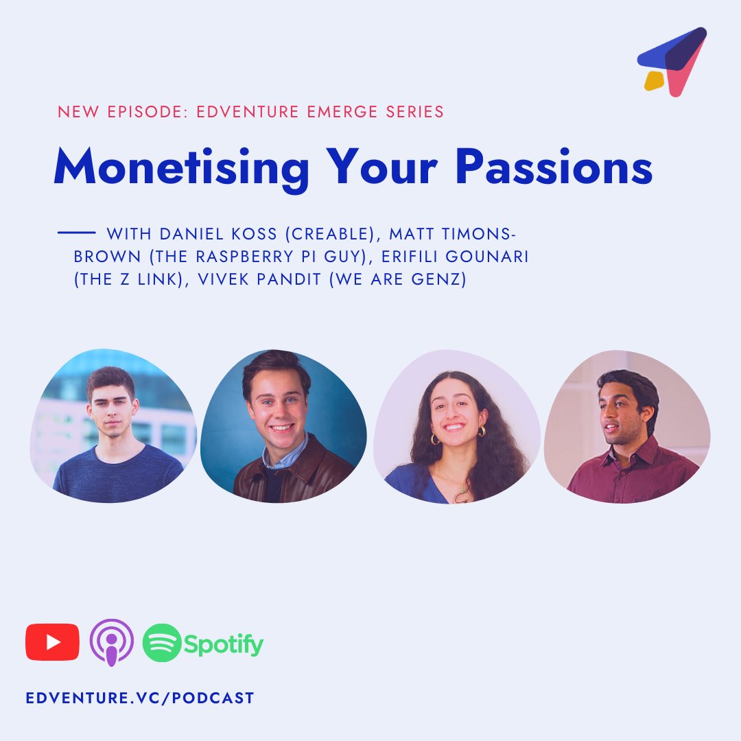 edventurevc's tweet photo. ✨Join us for an exciting #EdventureEmerge episode on how to monetise your passions with Daniel Koss, Matt Timmons-Brown &amp; Erifili Gounari, hosted by Vivek Pandit.

YouTube: https://t.co/sfr3fzqa1l
Podcast: https://t.co/1DW4uyb5lf 

#findyourpassion | #creatoreconomy | #startups https://t.co/w5TSijxHiq