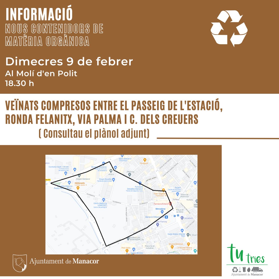 ajManacor's tweet photo. ♻️ Atenció, veïnats!

👉 Reunió informativa amb @MAmbientManacor  dimecres 9 de febrer al Molí d'en Polit sobre els nous contenidors de matèria orgànica i avantatges de la tarifa reduïda de residus

🧐 2 torns: 18.30 h i 19.30 h. Consultau el vostre!
.
.
.
#FeimPoble
#TuTries https://t.co/1gYcutGeDc