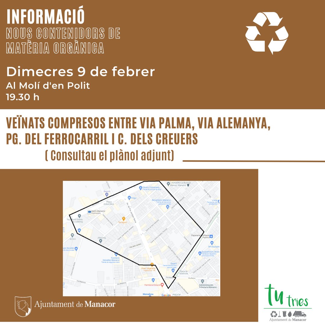 ajManacor's tweet photo. ♻️ Atenció, veïnats!

👉 Reunió informativa amb @MAmbientManacor  dimecres 9 de febrer al Molí d'en Polit sobre els nous contenidors de matèria orgànica i avantatges de la tarifa reduïda de residus

🧐 2 torns: 18.30 h i 19.30 h. Consultau el vostre!
.
.
.
#FeimPoble
#TuTries https://t.co/1gYcutGeDc