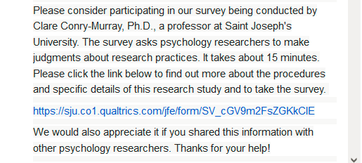 cconrymurray's tweet photo. PSYCHOLOGY RESEARCHERS (grad students, faculty etc.)--could you do our 15 min survey on judgements of research practices.  

Please RT or share with other psych researchers who might be interested.  Thanks!

https://t.co/F46sEs92W3 https://t.co/6R3zAAqzJQ
