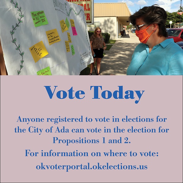 Today everyone who is registered to vote in City of Ada elections can vote to #moveadaforward with Propositions 1 and 2. 

For information on where to vote: okvoterportal.okelections.us

#growada #economicdevelopment #adaoklahoma