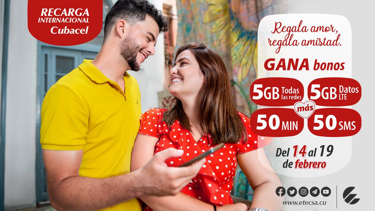 ❤️ Próxima Semana‼️
#Promoción de #RecargaInternacional 
🎉 Del 14 al 19 de febrero,si recibes 📲 una recarga entre 500 y 1250 CUP, ganas bonos de:
✔️ 5GB Datos (todas las redes)
✔️ 5GB Datos (LTE)
✔️ 50 Minutos
✔️ 50 SMS
"Regala amor 💘, regala amistad 🥰"