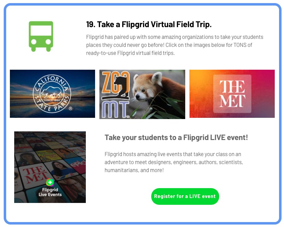 🚌Take your students on a Flipgrid Virtual Field Trip! 

SO many options for ▶️ on-demand  or LIVE events!

Check out these activities plus many, many more in our post
#FlipgridforALL! 50+ ways to use Flipgrid in your class

ditchthattextbook.com/catch-the-flip…