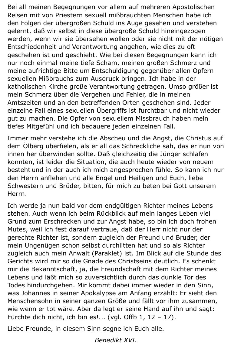Papst Benedikt XVI. nimmt Stellung zum Münchner Missbrauchsgutachten: