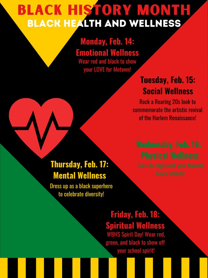 WBHS_Bruins's tweet photo. It's Black History Month, Bruins! Next week is BHM Spirit Week, so we hope to see you dressed to impress to celebrate black health and wellness! #bruinnation #bhm2022 #bhmspiritweek β€οΈπ»π₯ https://t.co/7ICK8Wj1vG