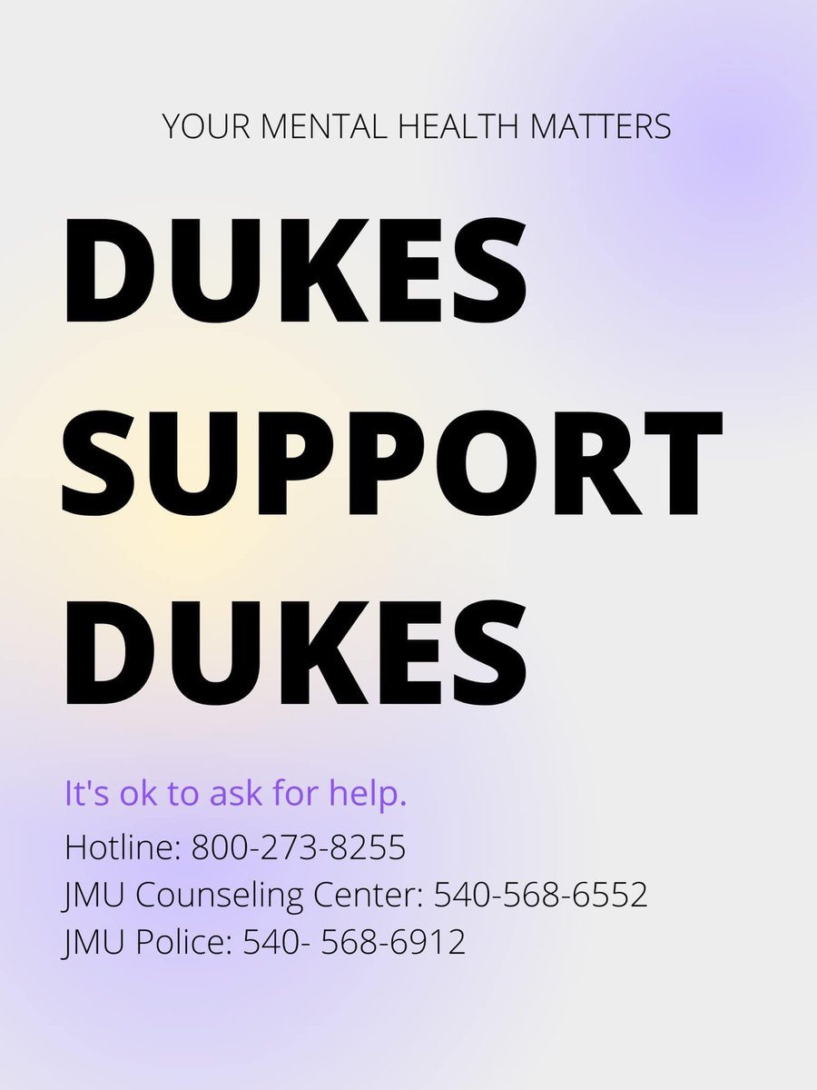 GradPsychJMU's tweet photo. •Counseling Center, 540-568-6555
•Dean of Students Office, 540-568-6468
•After-hours mental health emergency support, 540-568-6552, press "1"
•Sentara RMH Emergency Department, 540-689-1414
•Crisis Text Line – Text HOME to 741741 to reach a crisis counselor https://t.co/6fZaEMOsGB