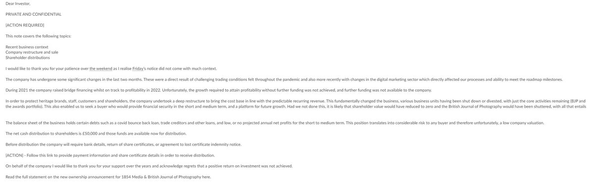 duckrabbitblog's tweet image. I have some very grim news.

@bjp1854 Shareholders just got the email. 

For the £1.8 million they put in, they are getting 50k back. 

Representing a 92% loss.