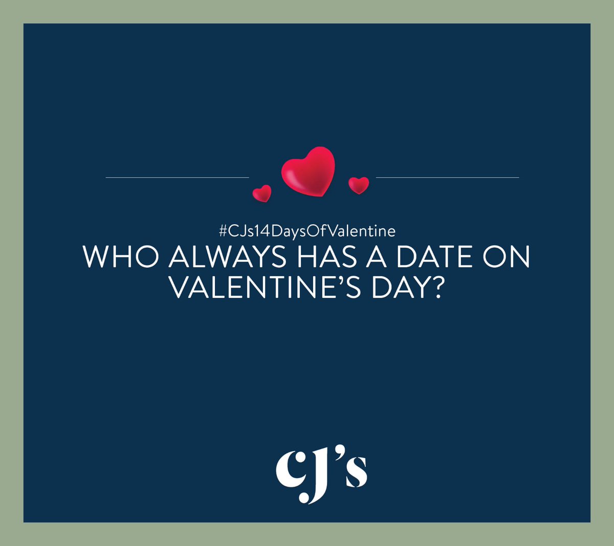 CJs__256's tweet photo. Who always has a date on Valentine’s Day?.. A Calendar 😊😉😂

Checkout our pinned post or click on this link https://t.co/BencOOX0yu to participate for a chance to win a daily CJ's dinner prize for 2 and a fully paid getaway trip for 2 to Dubai! #CJs14DaysofValentine https://t.co/jZTL0Cdlz6