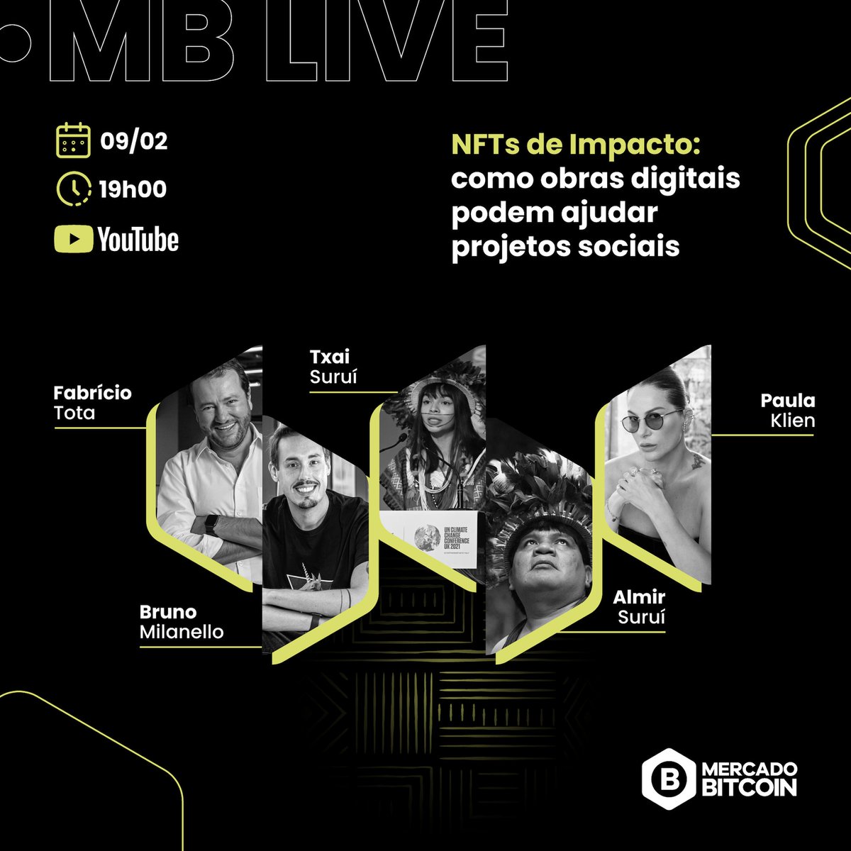 ftota's tweet photo. Amanhã (9/2), às 19h, participo de uma live sobre a plataforma de #NFTs de impacto do @MercadoBitcoin que estreia com um leilão de criptoarte indígena para proteger o povo Paiter Suruí. Estarei com @BMilanello, a artista Paula Klien e o cacique Almir Suruí e sua filha, @walela15. https://t.co/Qxlxk9eiLD