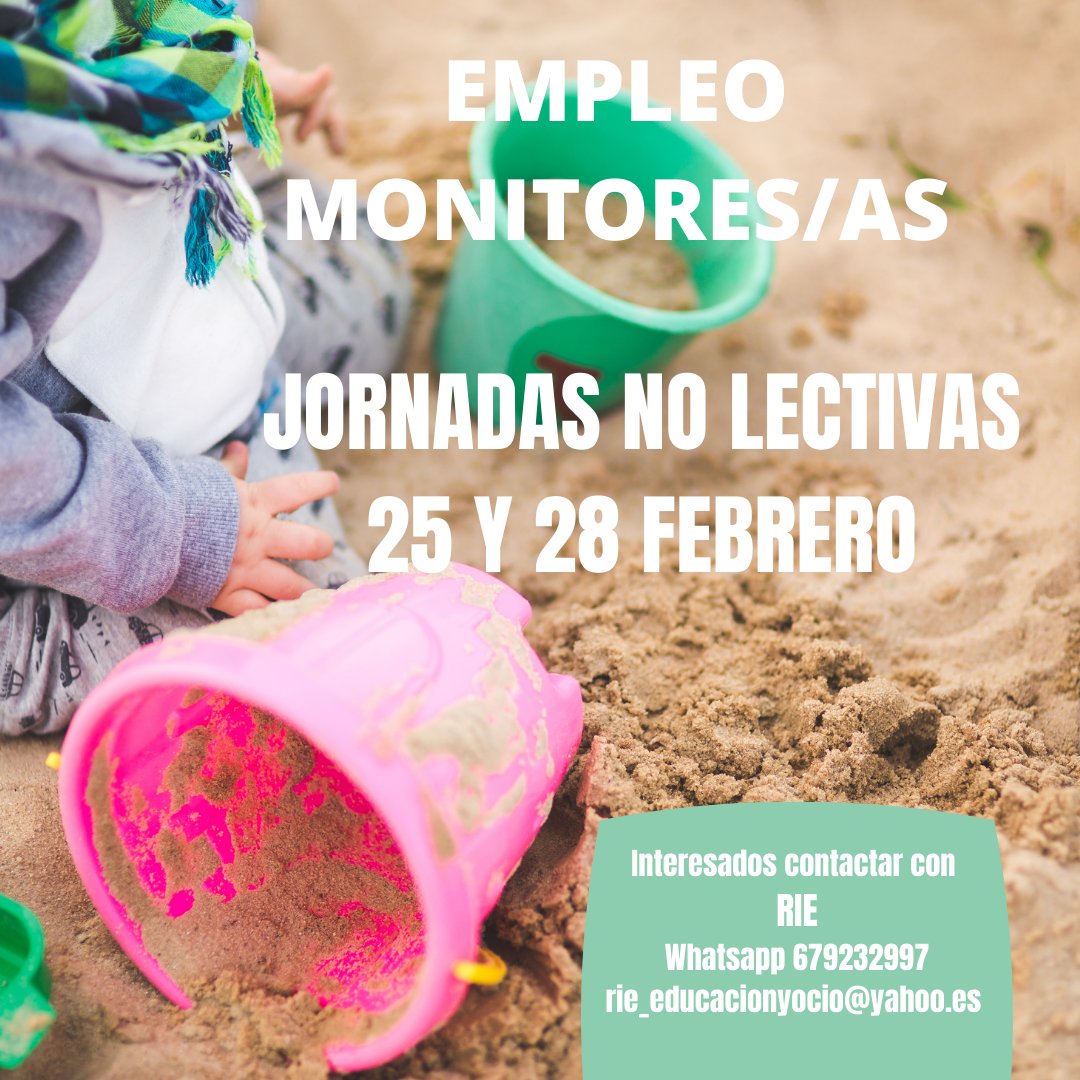 juventud3c's tweet image. 🙋La empresa tricantina RIE necesita #monitores #monitoras de #tiempolibre  este #Febrero2022  para los días no lectivos en los coles. Contacta con ellos por whatsapp 679232997 o correo 📩
👉rie_educacionyocio@yahoo.es #empleo en #trescantos #casajuv3can te lo cuenta