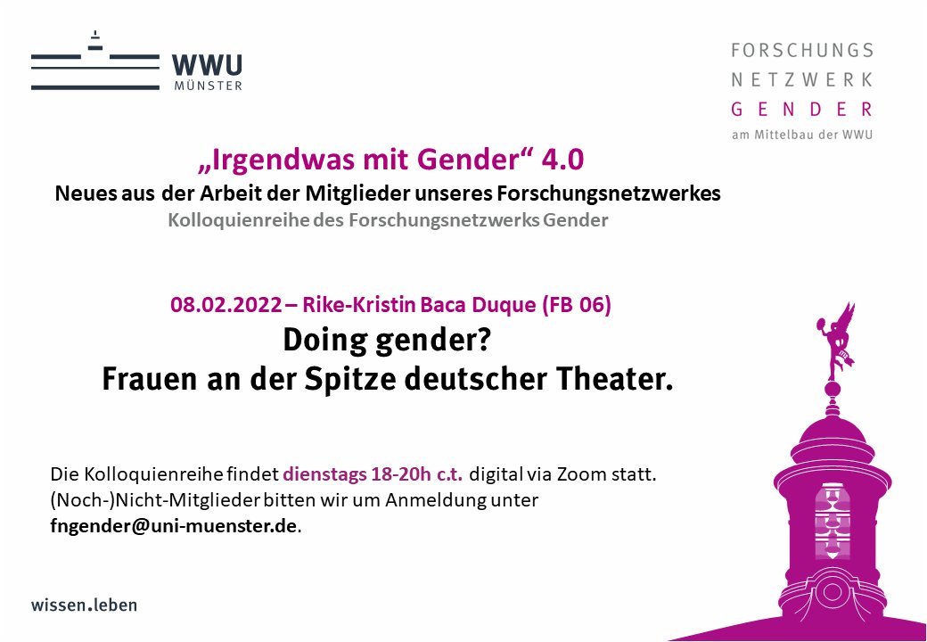 fngenderwwu's tweet photo. Heute Abend begrüßen wir euch zur Abschlusssitzung unserer Kolloquienreihe "Irgendwas mit Gender" 4.0 und freuen uns auf den Vortrag von Rike-Kristin Baca Duque vom @IfPol_WWU! https://t.co/iirVlLIxWQ