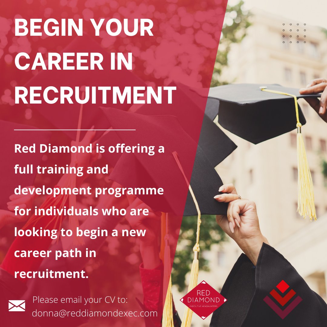 RedDiamondExec's tweet photo. Are you a graduate looking for your new career path?

Due to rapid growth, we are looking for headhunters and recruiters to join us, offering a full training &amp; development program &amp; excellent benefits!

If you would like to be considered email your CV to donna@reddiamondexec.com https://t.co/1sZ0JvMUlg