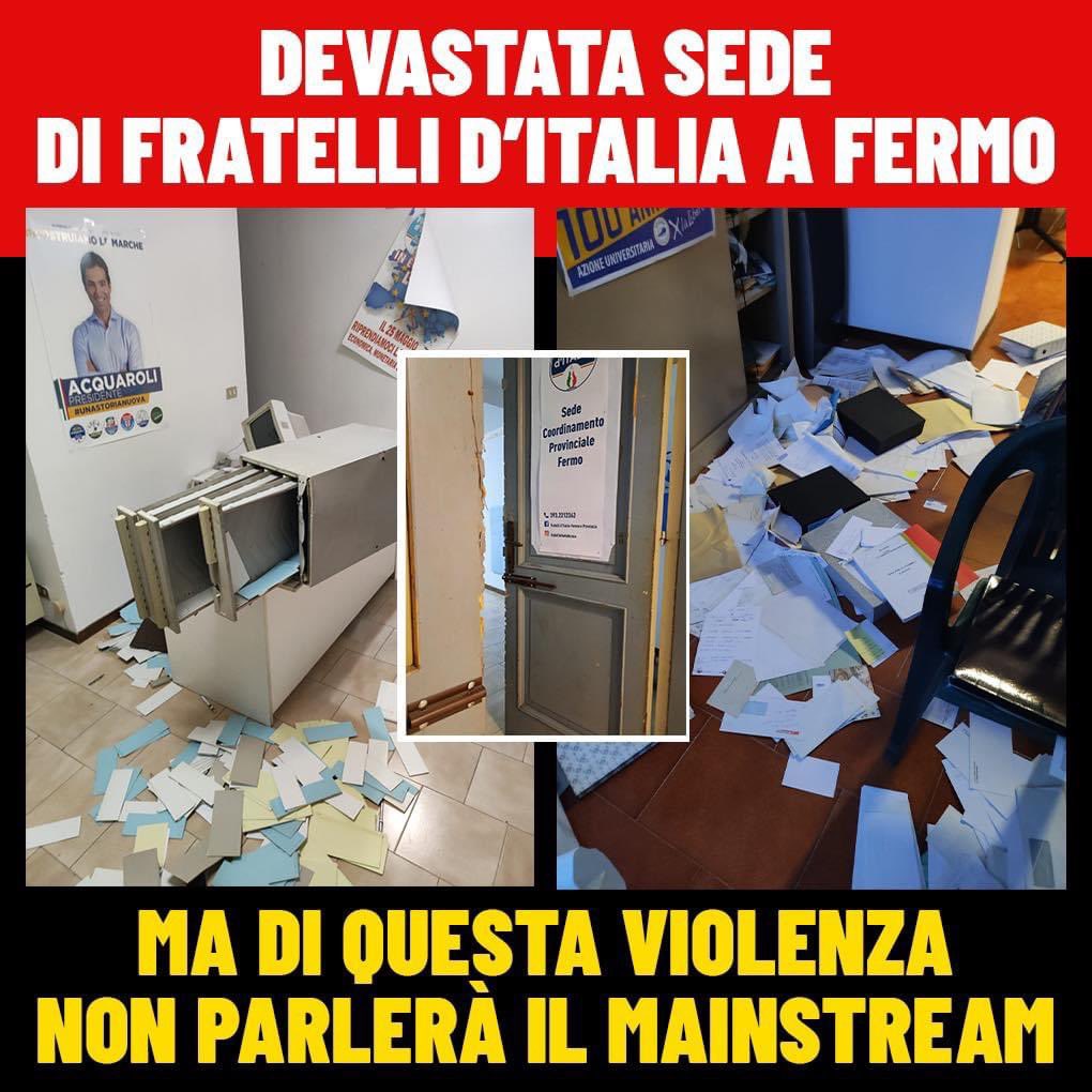 GiorgiaMeloni's tweet photo. Sono entrati sfondando la porta con un piede di porco e hanno devastato la sede di FDI a Fermo. Ma di questa violenza, di questo odio, non ne sentirete parlare dal mainstream. Spero che tutte le forze politiche condannino l’ennesimo attacco all’unica opposizione a questo governo https://t.co/kQooZ58khb