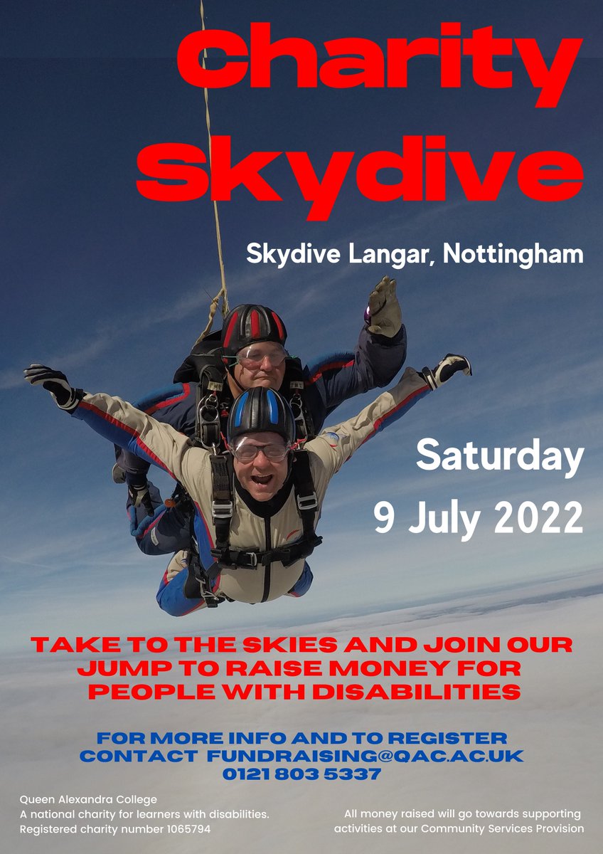 Queen Alexandra Charity (@qac_official) on Twitter photo Feel like a bird and take to the skies this summer! Sign up to the QAC charity skydive, taking place on Saturday 9th July at <a href="/skydivelangar/">Skydive Langar</a>!
All money raised from the #skydive will go to our <a href="/QAC_CS/">QAC Community Services</a> provision, supporting people with disabilities with community based activities. Feel like a bird and take to the skies this summer! Sign up to the QAC charity skydive, taking place on Saturday 9th July at <a href="/skydivelangar/">Skydive Langar</a>!
All money raised from the #skydive will go to our <a href="/QAC_CS/">QAC Community Services</a> provision, supporting people with disabilities with community based activities.