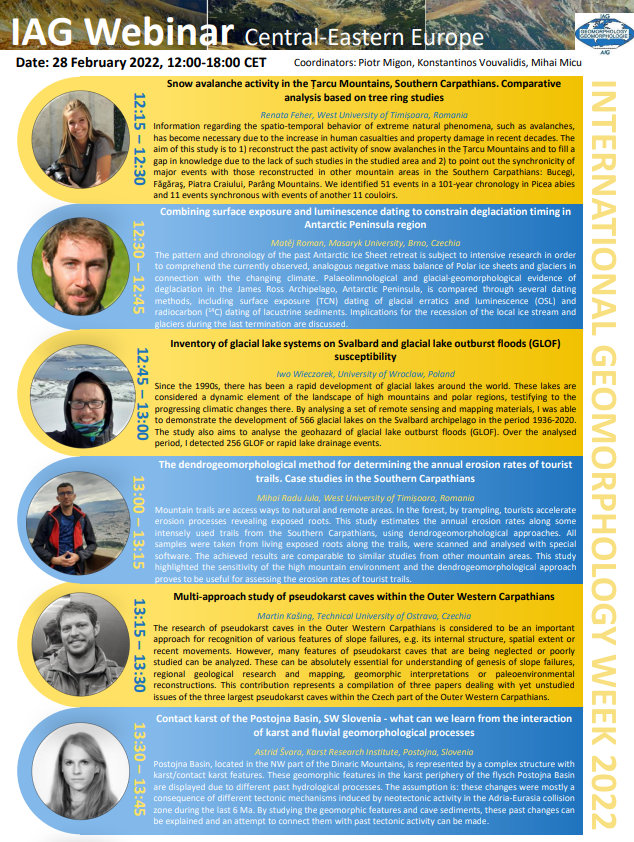 IAGAIG's tweet photo. The programme for the IAG International Geomorphology Week regional webinar in Central-Eastern Europe (28th February 12:00 CET) is now online! Register for free and get all the details of #IntGeomorphWeek2022 at https://t.co/0Uo43FXL26
#geomorphology #IntGeomorphWeek2022 https://t.co/DVKJiECUU9