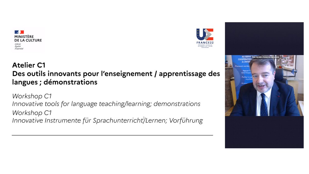 Ouverture de l’atelier « Des outils innovants pour l’enseignement / apprentissage des langues ; démonstrations » présidé par <a href="/pf_mourier/">PF MOURIER</a> 👉 bit.ly/3rysBAo
<a href="/languesFR/">Ministère-DGLFLF</a>  <a href="/MinistereCC/">Ministère de la Culture 🇫🇷</a> <a href="/education_gouv/">Ministère Éducation nationale</a> <a href="/Interieur_Gouv/">Ministère de l'Intérieur</a>