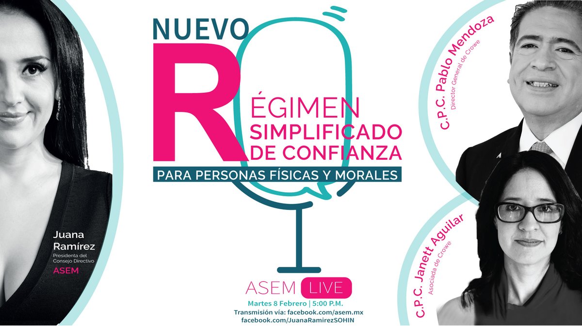 ASEM_Socios's tweet photo. Te esperamos hoy a las 5pm #ASEMlive🎙️
Conoce todo lo que debes saber sobre el nuevo Régimen Simplificado de Confianza para personas físicas y morales, nos acompañará C.P.C. Pablo Mendoza, Director General de Crowe y C.P.C. Janett Aguilar, Asociada de Crowe. @JuanaSohin https://t.co/72JGJ77SjX
