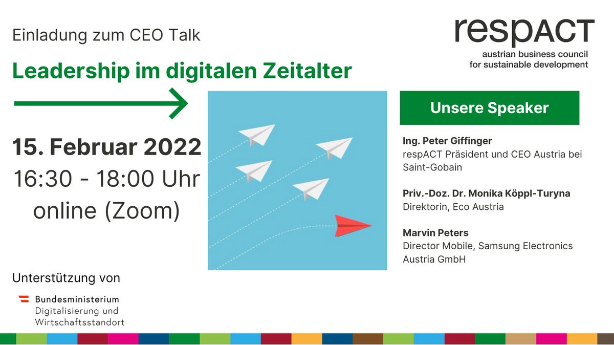 respACT lädt ein zum CEO-Talk 
Thema: "Leadership im digitalen Zeitalter". Wir bitten zum Austausch über Bedeutung, Herausforderungen und Tipps zu "digitalem Führen in Krisenzeiten".
Jetzt anmelden! respact.at/portal/de/term…
#RESPonsibleACTion #leadership #digtalisierung #covid19