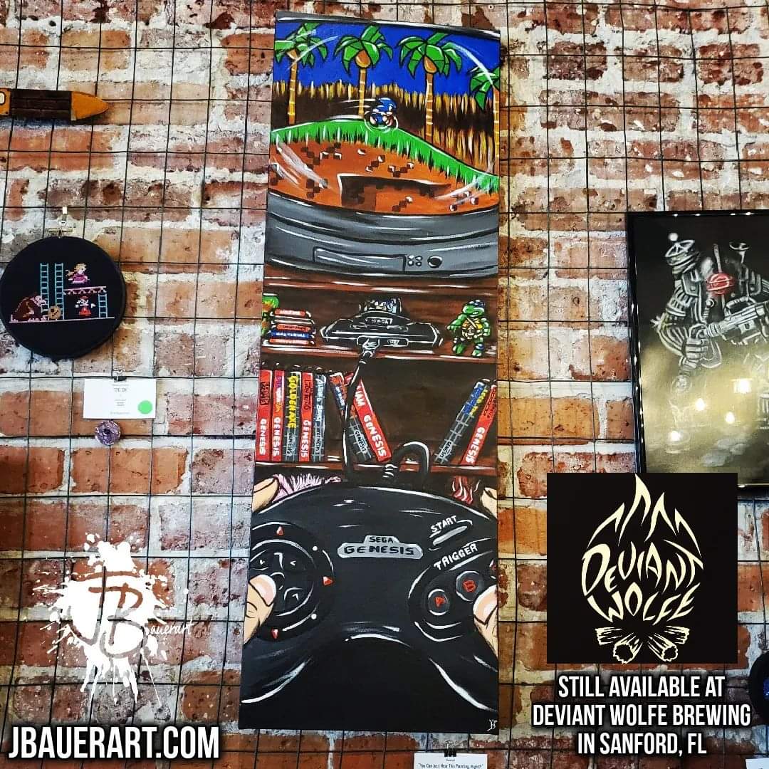 JBauerart's tweet photo. Stopped by @deviantwolfe this past Sunday to check on my #sega painting. It is still available! If you are interested just head to Deviant Wolfe in beautiful Sanford, FL!

#JBauerart #art #artist #videogameart #videogames #sonicthehedgehog #gaming #create #deviantwolfebrewing https://t.co/XqXrXfk7Jr