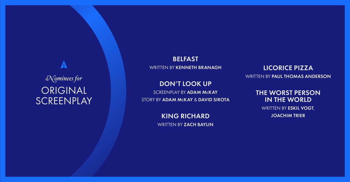 TheAcademy's tweet photo. Word is out - these are the nominees for Original Screenplay. #Oscars https://t.co/yLNCWHOiYo