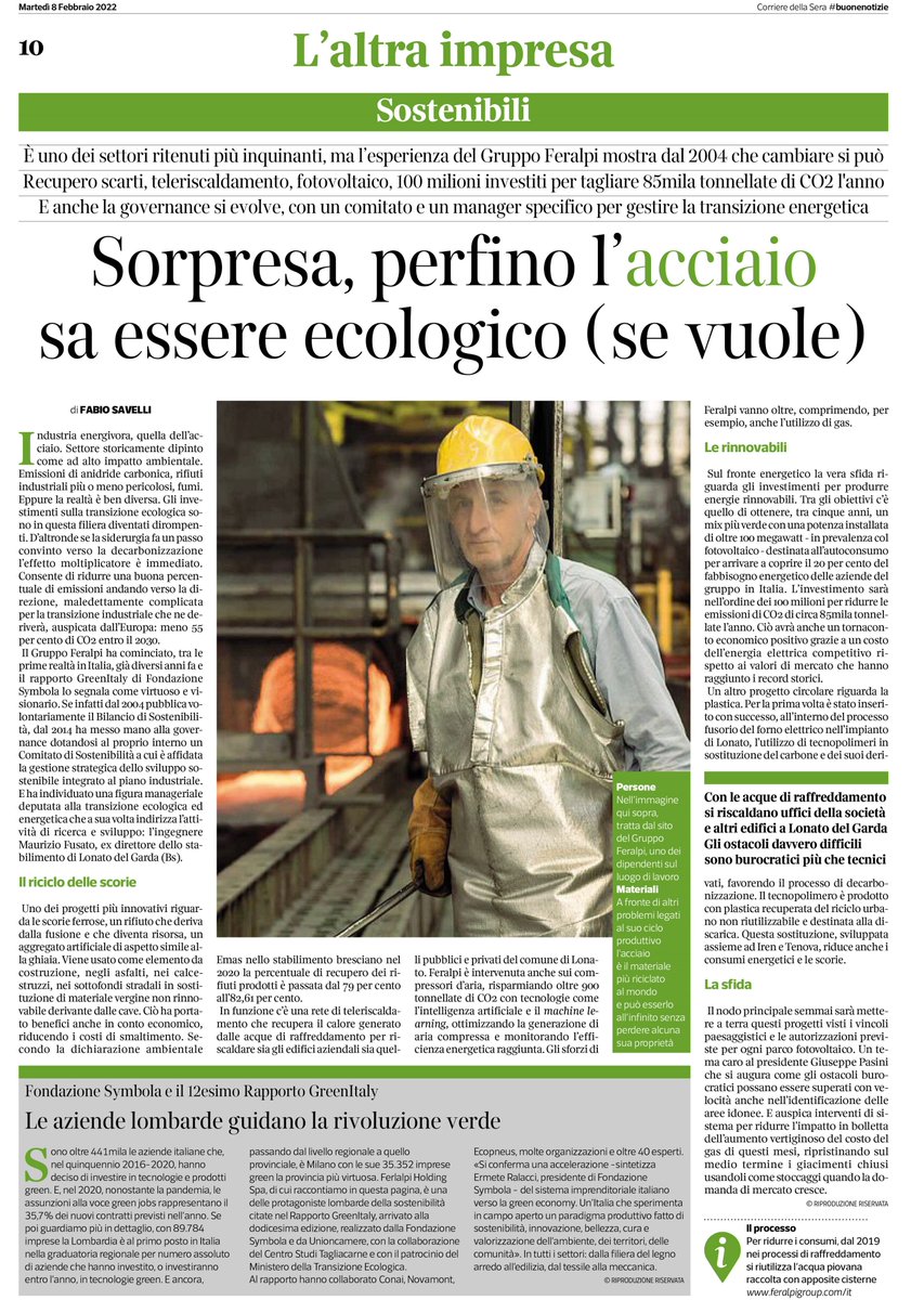 Per molti può essere una sorpresa. Per noi è un obiettivo quotidiano. 
Produrre #acciaio in modo sostenibile è possibile.
Ed è davvero una... buona notizia. 

Tra le "Buone Notizie" del Corriere della Sera di oggi, ci siamo anche noi. 

#WeAreFeralpi