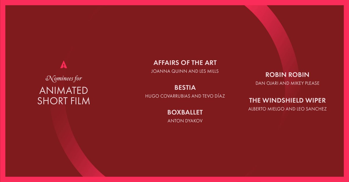 Short but sweet, these are your nominees for Animated Short Film. #Oscars