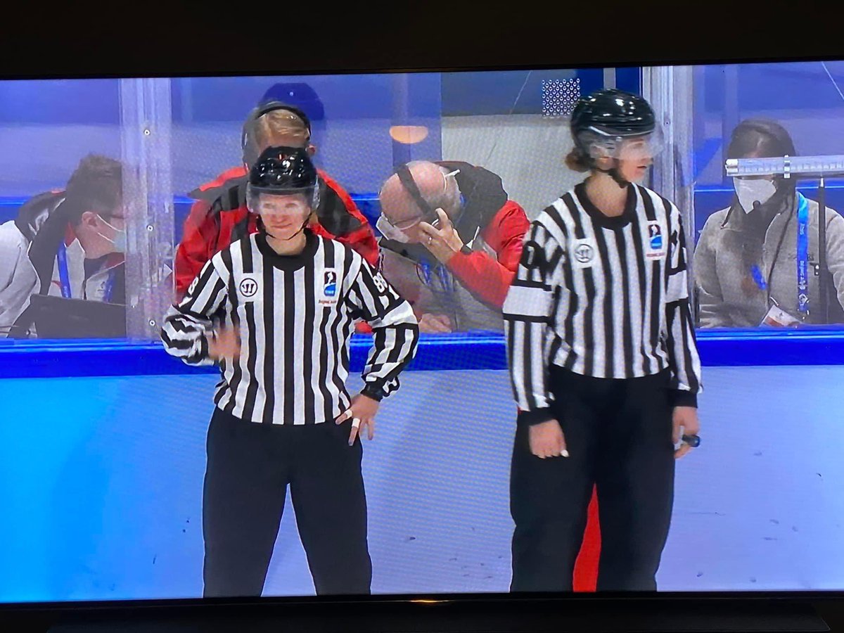 WMHOfficials's tweet photo. West Michigan Official, Sara Strong (on the left), lining the Finland/Russia game right now. Great job Sara!!! #OlympicGames  #Olympics2022 #olympichockey https://t.co/snENbPcPgp