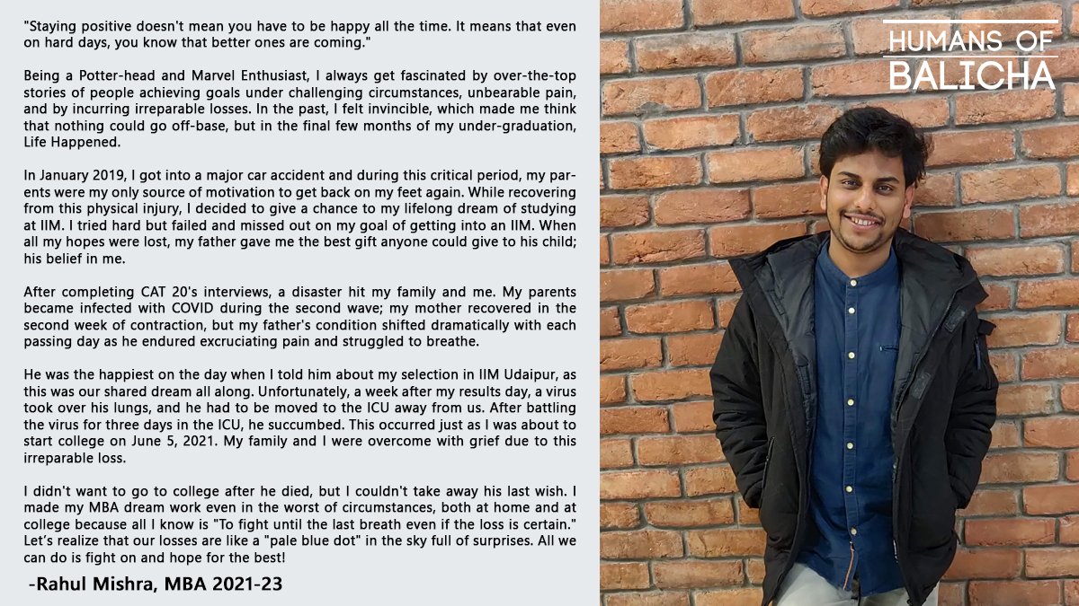 IIM_Udaipur's tweet photo. Rahul Misra, from the batch of 2023, shares his journey to IIM Udaipur, how after facing many physical and emotional challenges, he succeeded in his goals with dedication and hard work.
#IIMU #IIM #HumansOfBalicha #ItStartsAtU #Inspiration https://t.co/oyksJxun8J