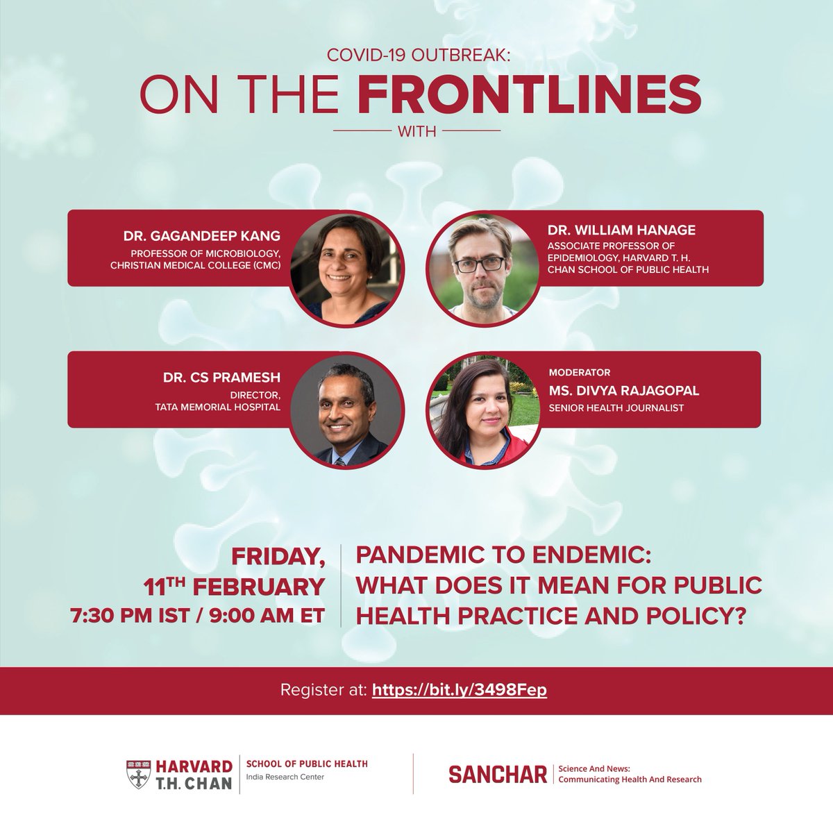 HarvardChanIRC's tweet photo. #Pandemic to #Endemic: What does it mean for Public Health Practice and Policy?
Hear from experts during our upcoming webinar co-hosted with @Project_SANCHAR.

🗓️February 11 (Friday)
🕐7.30 PM IST / 9 AM ET
🔗Register: https://t.co/cuu3dvbMqF https://t.co/yG4URNby1l