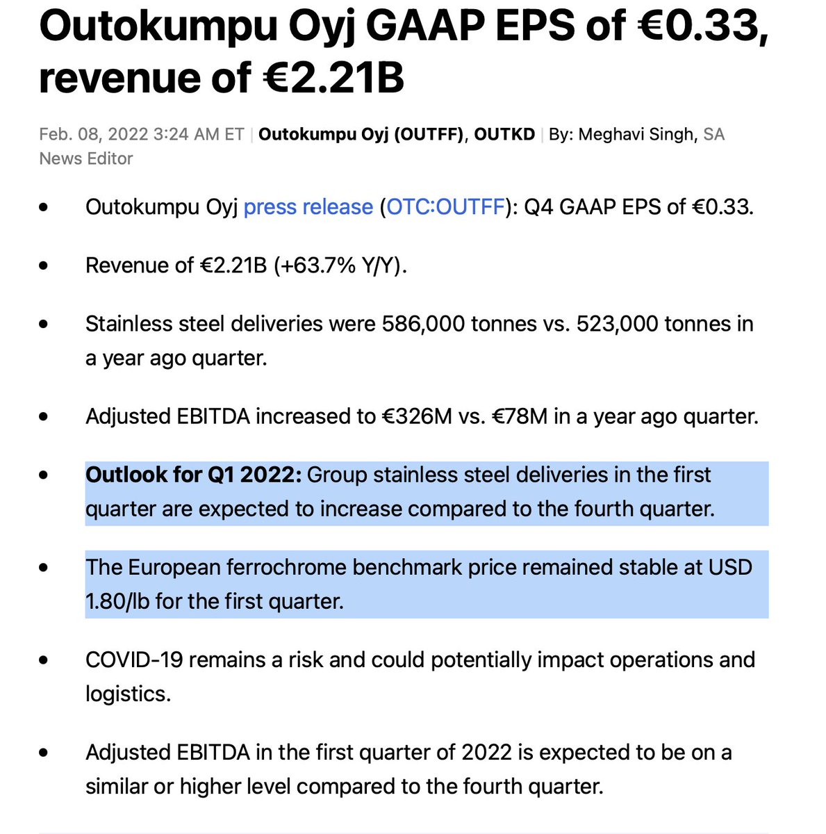 kulturdesken's tweet photo. $OUTFF #OUT1V Outokumpu 63,7% rev increase and EBITDA increase to €326M from 78M (317%) .
And outlook of stronger steel deliveries to come.
I will probably be adding to my $SSAB w hedge x3 position soon. https://t.co/eI6GilvX7Y
