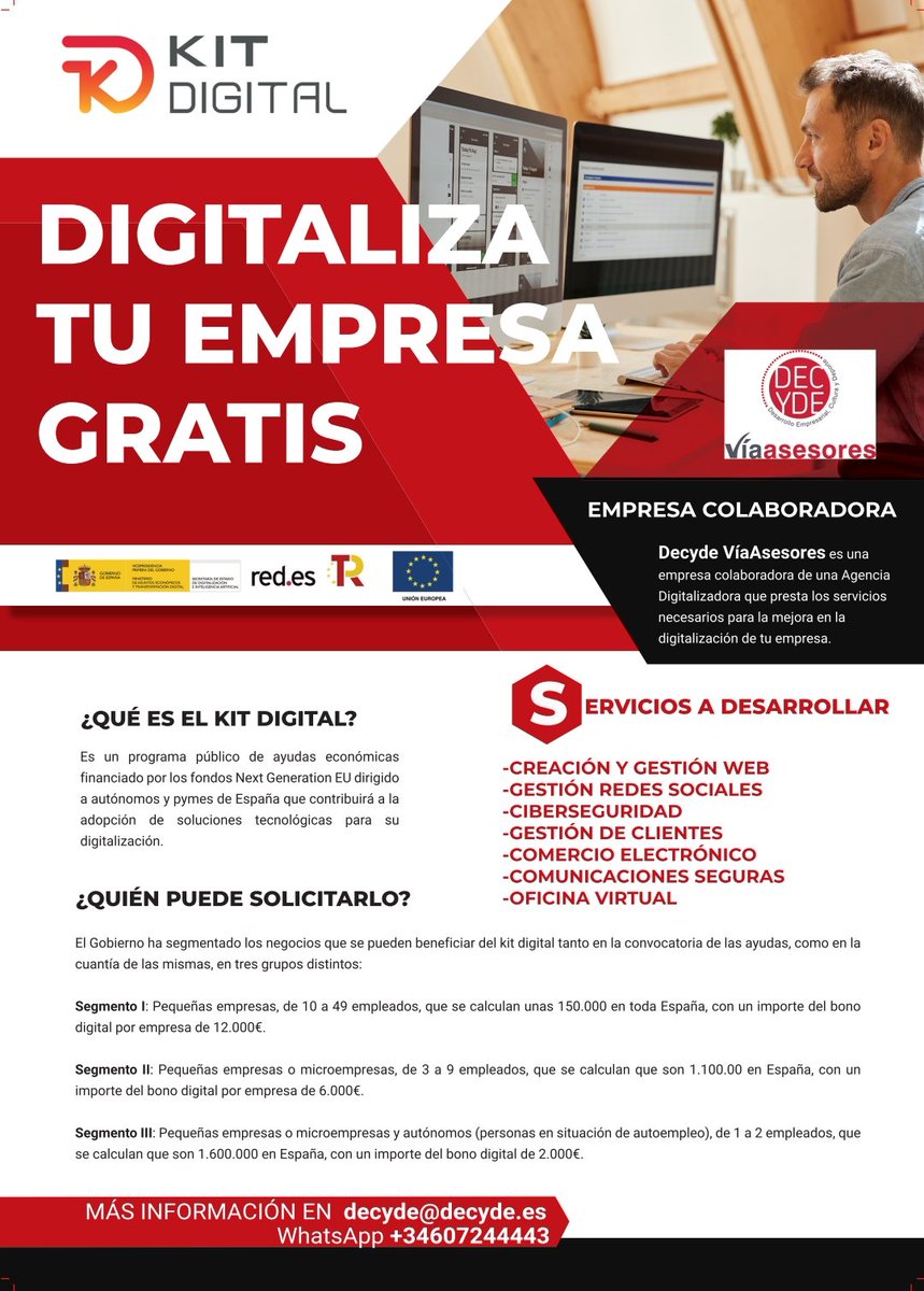 DecydeAsesores's tweet image. *Subvenciones Kit Digital*

Buenos días 

Se han convocado ayudas para digitalización, el llamado Kit Digital 

Si estáis interesados podéis contactar con nosotros y ponemos en marcha la solicitud 

☎️ 868954838
📩 decyde@decyde.es