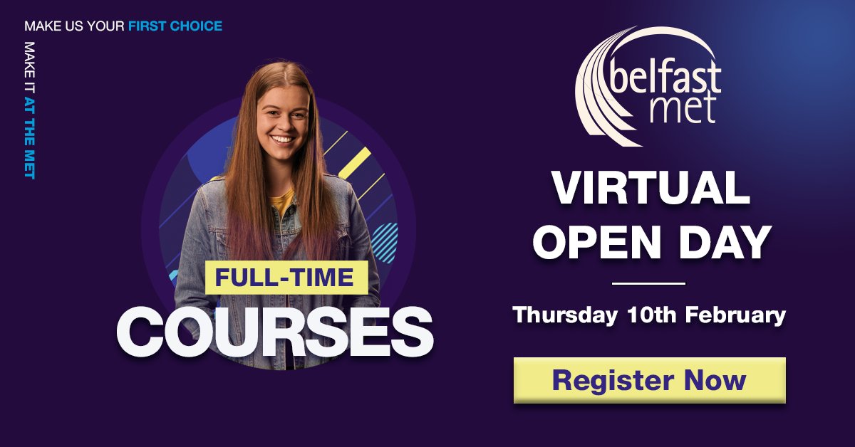 bfastmet's tweet photo. Couldn't make our Campus Open Days? Join us online for our Virtual Event on Thursday 10th February!
Find out more ➡️ https://t.co/0Uiqu9GeN2
#MakeUsYourFirstChoice | #MakeItAtTheMet https://t.co/ry1bmdkaFf