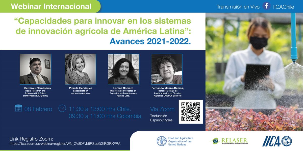 IICA_Europa's tweet photo. 📌 #HOY  ➡️ Webinar Internacional 🌎 "Capacidades para innovar en sistemas de innovación agrícola de América Latina: Avances 2021-22"

Por: @IICAnoticias @FAO @RedRelaser 

📆 08 febrero ⏱️15.30 hrs 🇪🇸
📹 Facebook Live de @IICAChile 
 
Registro 👉 https://t.co/ZVfXBGiibK https://t.co/IrQG99bJ8m