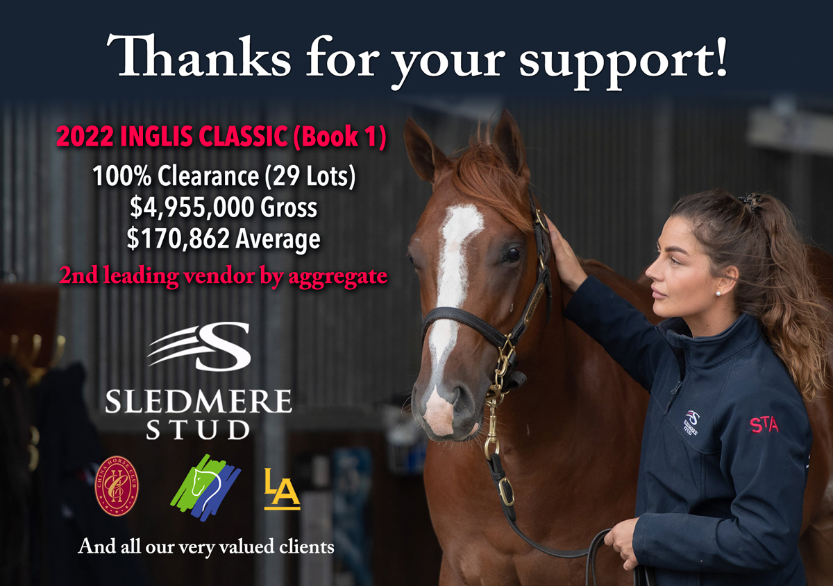 2022 <a href="/inglis_sales/">Inglis</a> CLASSIC (Book 1): 100% Clearance (29 Lots), $4,955,000 Gross, $170,862 Average …  2nd leading vendor by aggregate. Thanks for your support!

<a href="/Chinahorseclub/">China Horse Club</a> <a href="/WaikatoStud/">Waikato Stud</a> <a href="/littleavondale/">Sam Williams</a> <a href="/CangonStud/">Cangon Stud Farm</a> #proudfamilytradition
