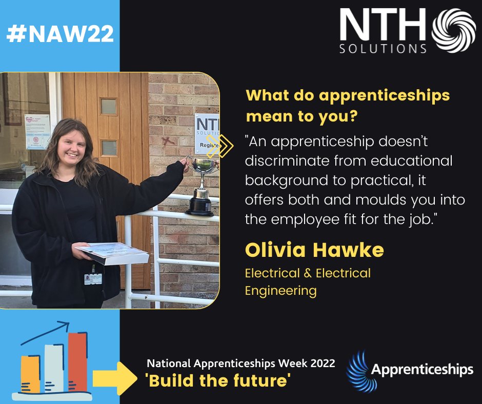 nthsolutionsllp's tweet photo. “An apprenticeship doesn’t discriminate from educational background to practical, it offers both and moulds you into the employee fit for the job.” Are the wise words from award winning electrical engineering apprentice Olivia 👏👉https://t.co/xLHHCCXxMc @NTeesHpoolNHSFT #NAW2022 https://t.co/VHKmJBeXaT