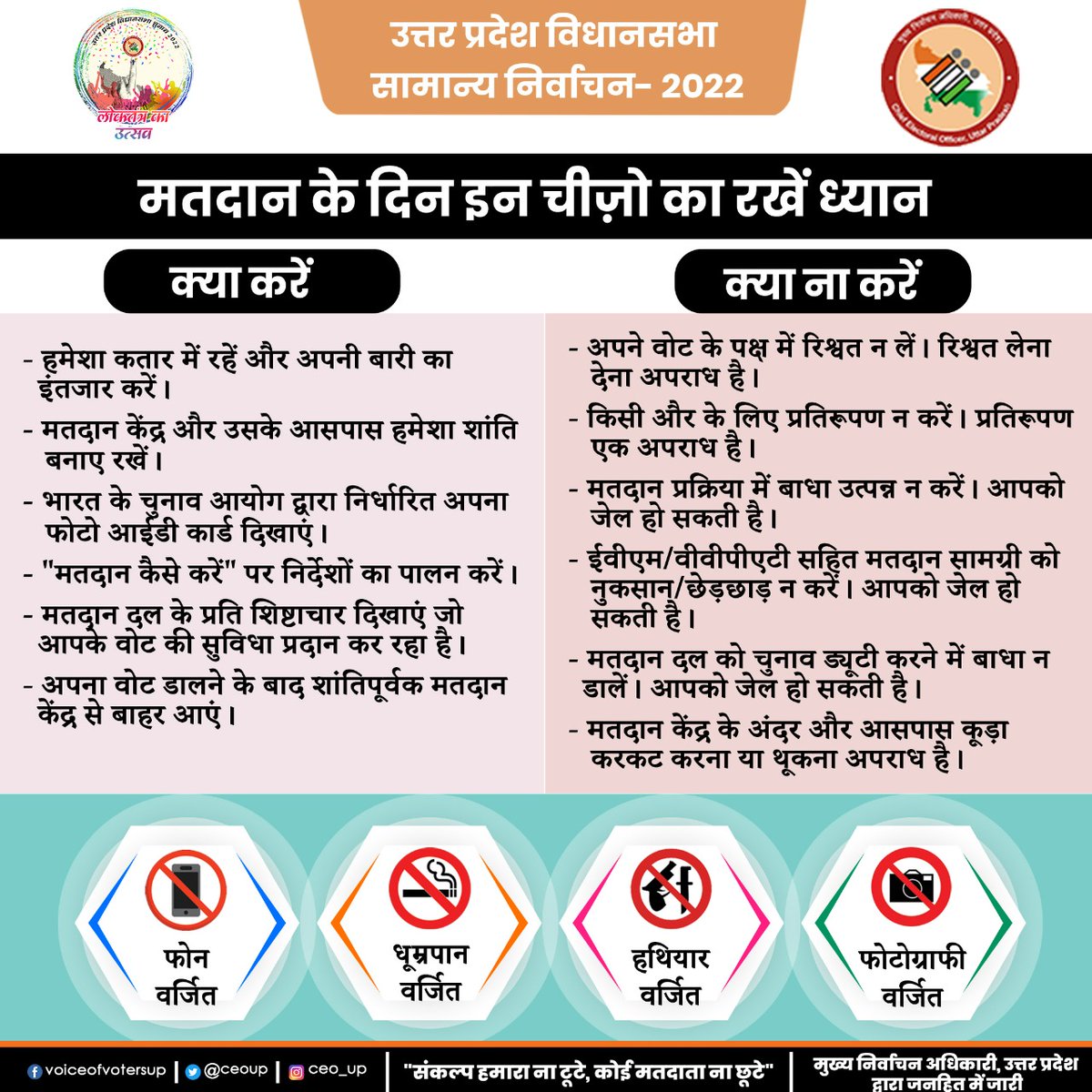 ceoup's tweet photo. मतदान करना आपका हक भी है और अधिकार भी है लेकिन मतदान केंद्र पर रखना होगा कुछ चीज़ों का ध्यान तभी सफलता से संपन्न हो���ा चुनाव का यह महापर्व।

@ECISVEEP
@SpokespersonECI
 
#ECISVEEP #ElectionCommissionOfIndia
#NoVoterToBeLeftBehind
#AssemblyElections2022 
#विधानसभाचुनाव2022 https://t.co/vSpB3wcwSf