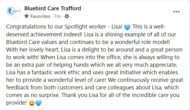 careTrafford's tweet photo. Congratulations to our Spotlight worker - Lisa! 💙 

This is a well-deserved achievement indeed!

And we had so much to say we needed more than a tweet.

#Altrincham #BluebirdCare https://t.co/uH898SXS5V