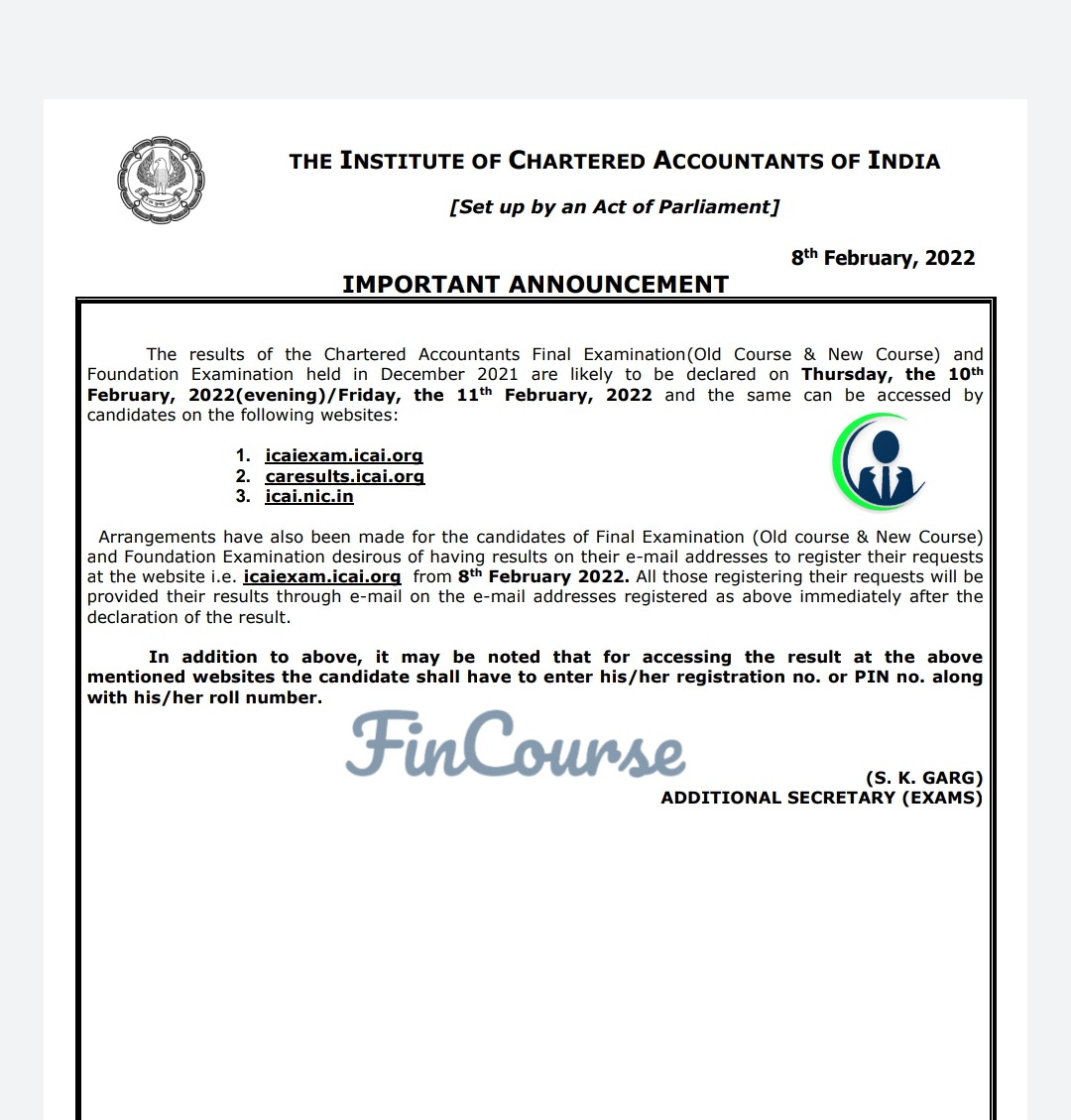 FinCourseApp's tweet image. Results of the Chartered Accountants Final Examination &amp;amp; Foundation Examination held in December 2021 are likely to be declared on Thursday, 10th February 2022 or  11th Feb 2022 

Link :
resource.cdn.icai.org/69163exam55290…
#fincourse #icai #cafinal #cafoundation #caresults #caexams