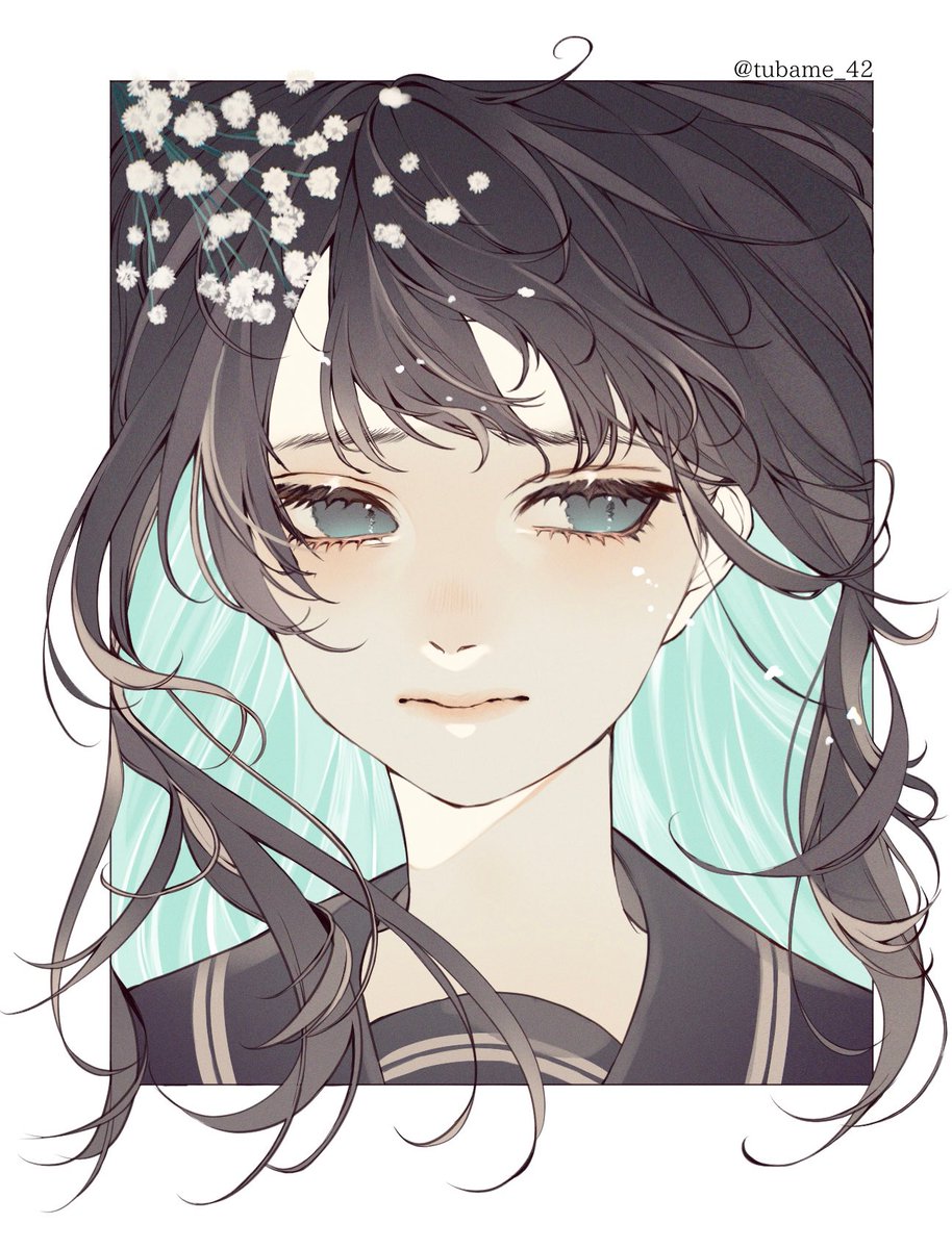 1girl solo portrait colored inner hair flower long hair black sailor collar  illustration images