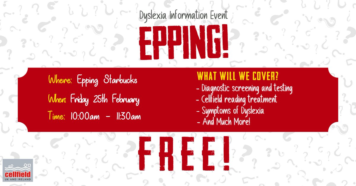 CellfieldE's tweet photo. FREE Dyslexia Information Event at Starbucks Epping!

This is an amazing opportunity to find out more about dyslexia diagnostic assessments, screening tests and ask any questions you have to Carol Sheperd our dyslexia specialist!

To book, visit: https://t.co/iYig6yrfU9 https://t.co/3Yl8ifLYjs