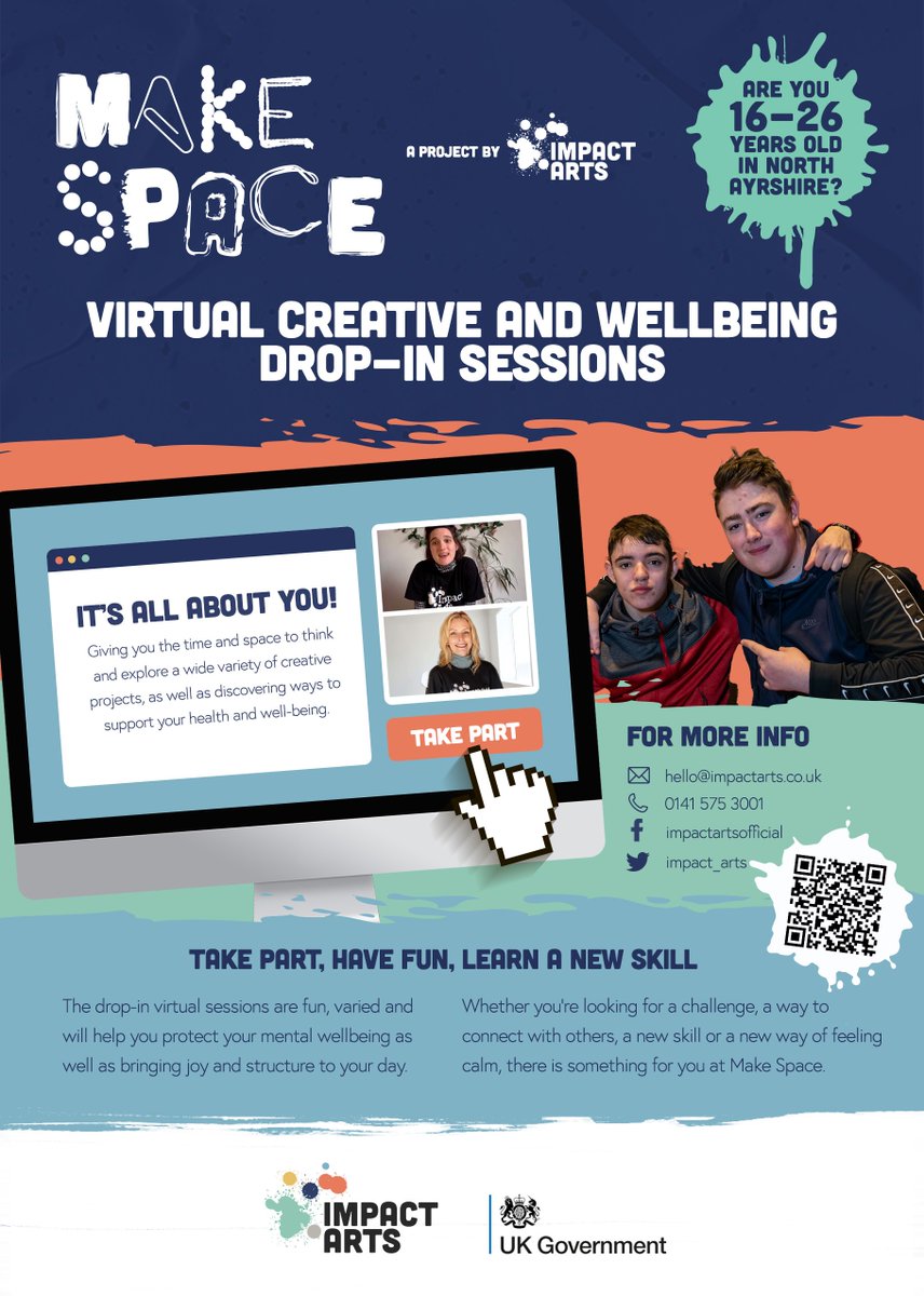 impact_arts's tweet photo. Starting 15th Feb; online #creative &amp; #wellbeing sessions for young people aged 16-26 living in #NorthAyrshire.

Free drop-in sessions where yp can get creative, learn a new skill &amp; get support with their #health &amp; wellbeing. Drop us a message to find out more #artchangeslives https://t.co/ESoTJVd2kz